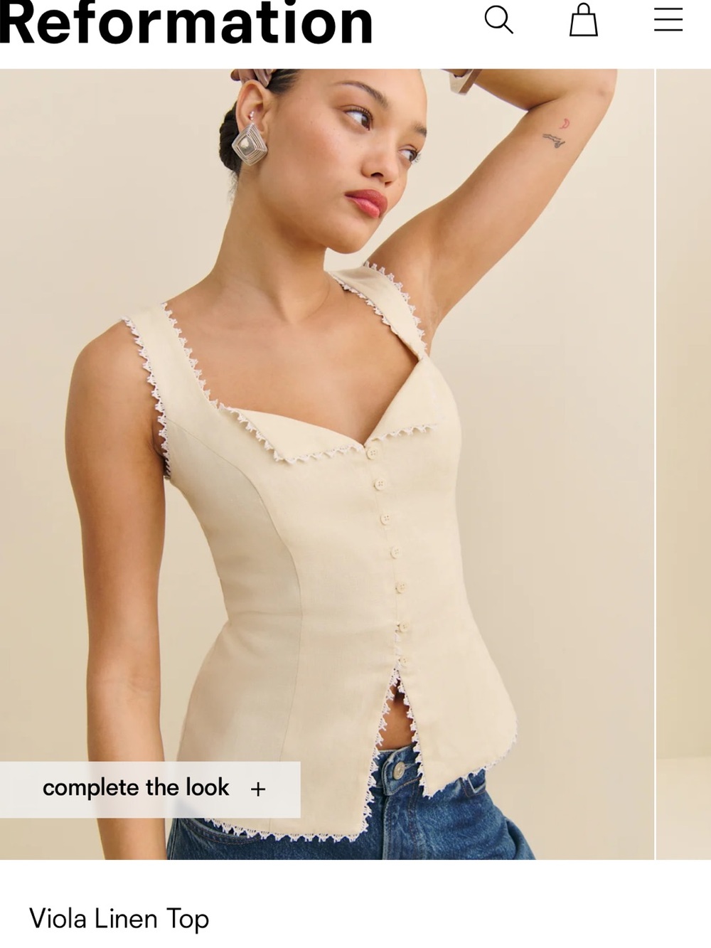 Reformation Cream Lace-Trim Button Front Camisole